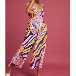 Anthropologie Maeve Finley pink orange navy print wide leg jumpsuit